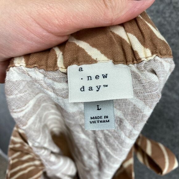 A New Day Skirt Women L Large Brown Striped A-Line Midi Linen Tie Up Casual - Picture 5 of 7